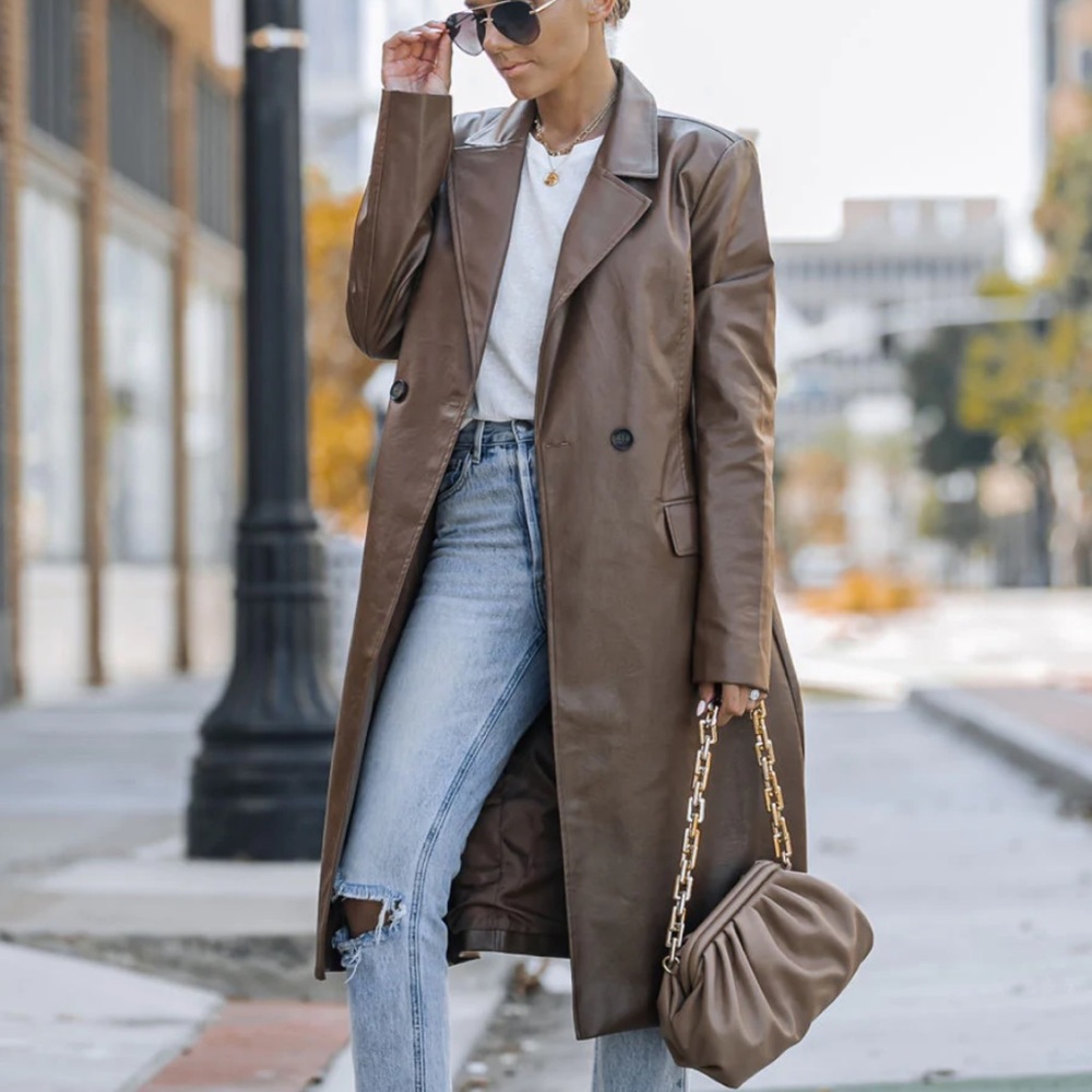 NWT Top of the Press Pocketed Faux Leather Trench Coat